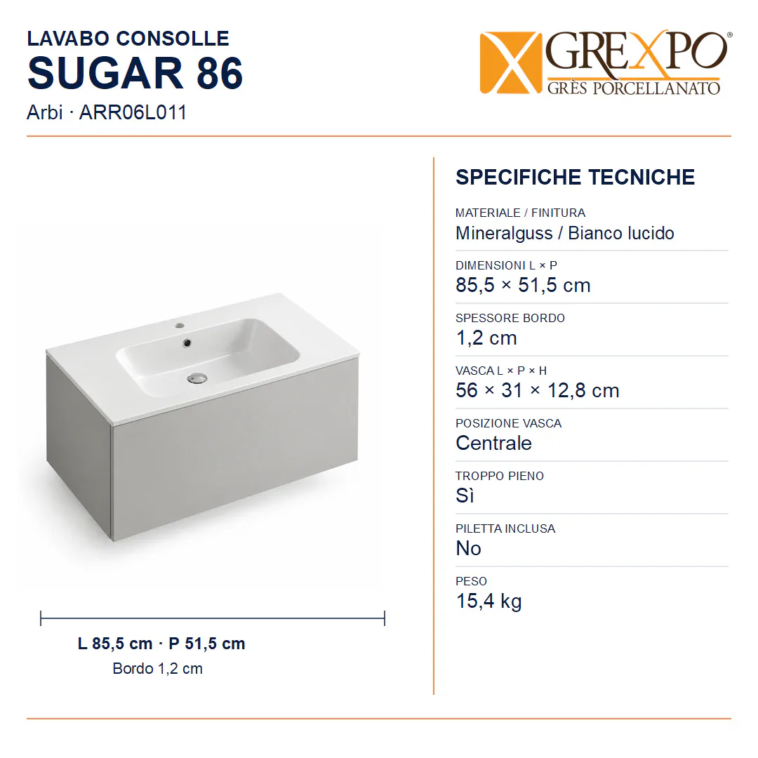 Lavabo consolle in Mineralguss – Arbi Sugar 86 – Bianco lucido - Misure