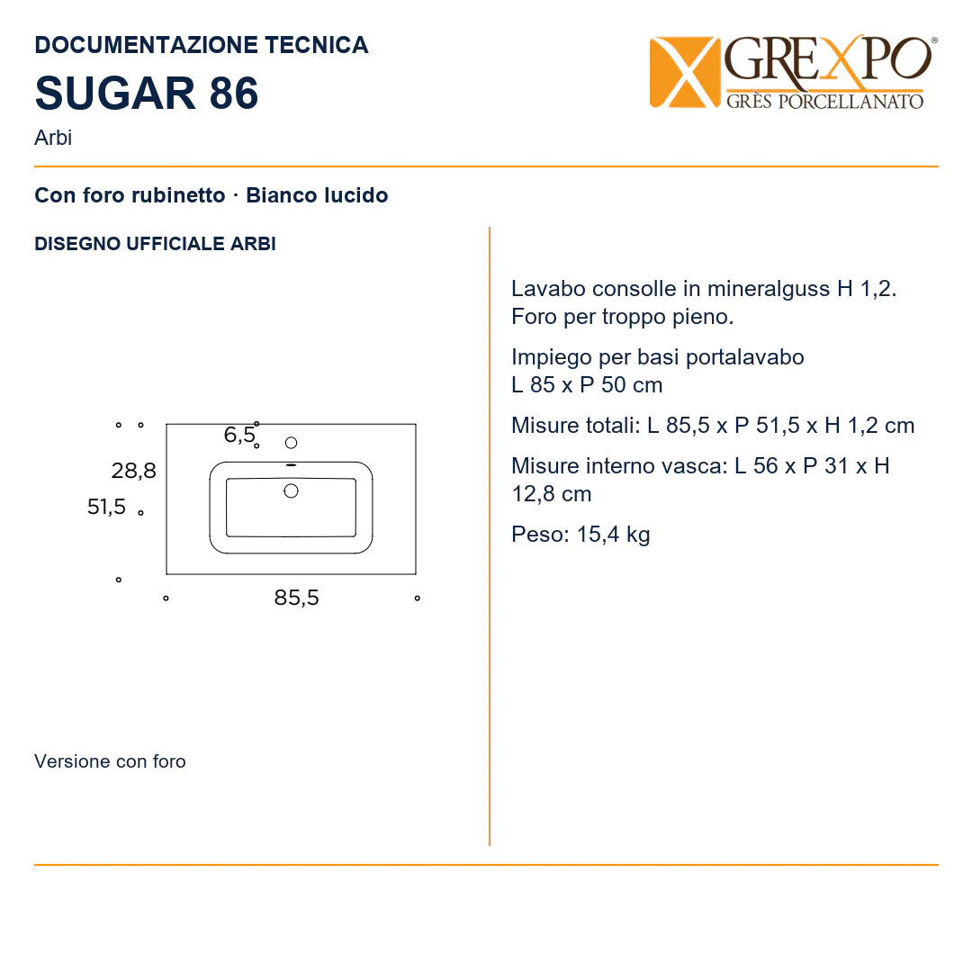 Lavabo consolle in Mineralguss – Arbi Sugar 86 – Bianco lucido - Disegno tecnico ARBI