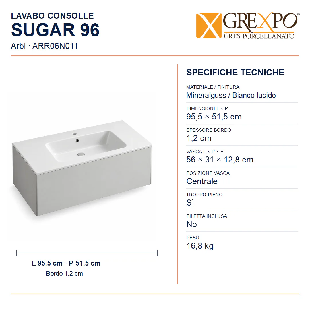 Lavabo consolle in Mineralguss – Arbi Sugar 96 – Bianco lucido - Misure