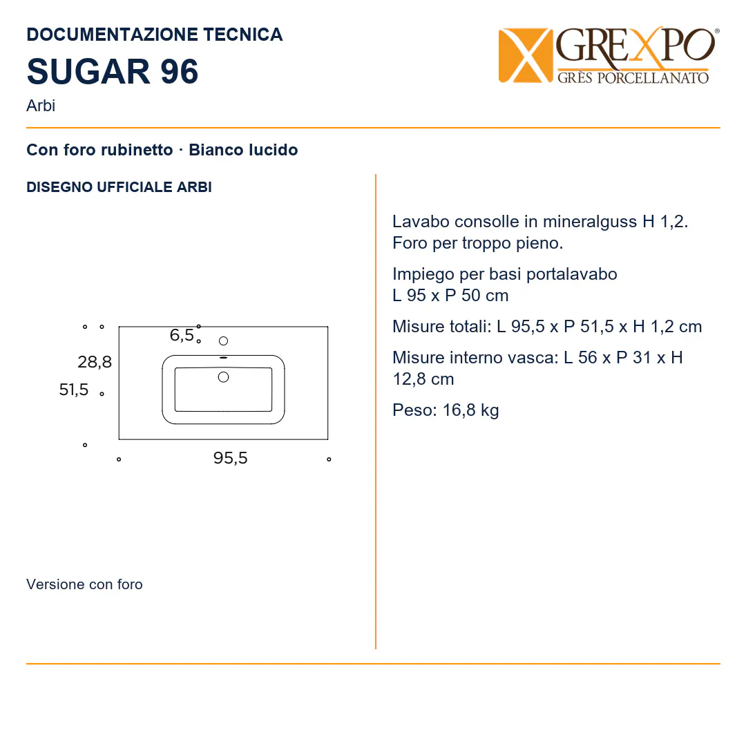 Lavabo consolle in Mineralguss – Arbi Sugar 96 – Bianco lucido - Disegno tecnico ARBI