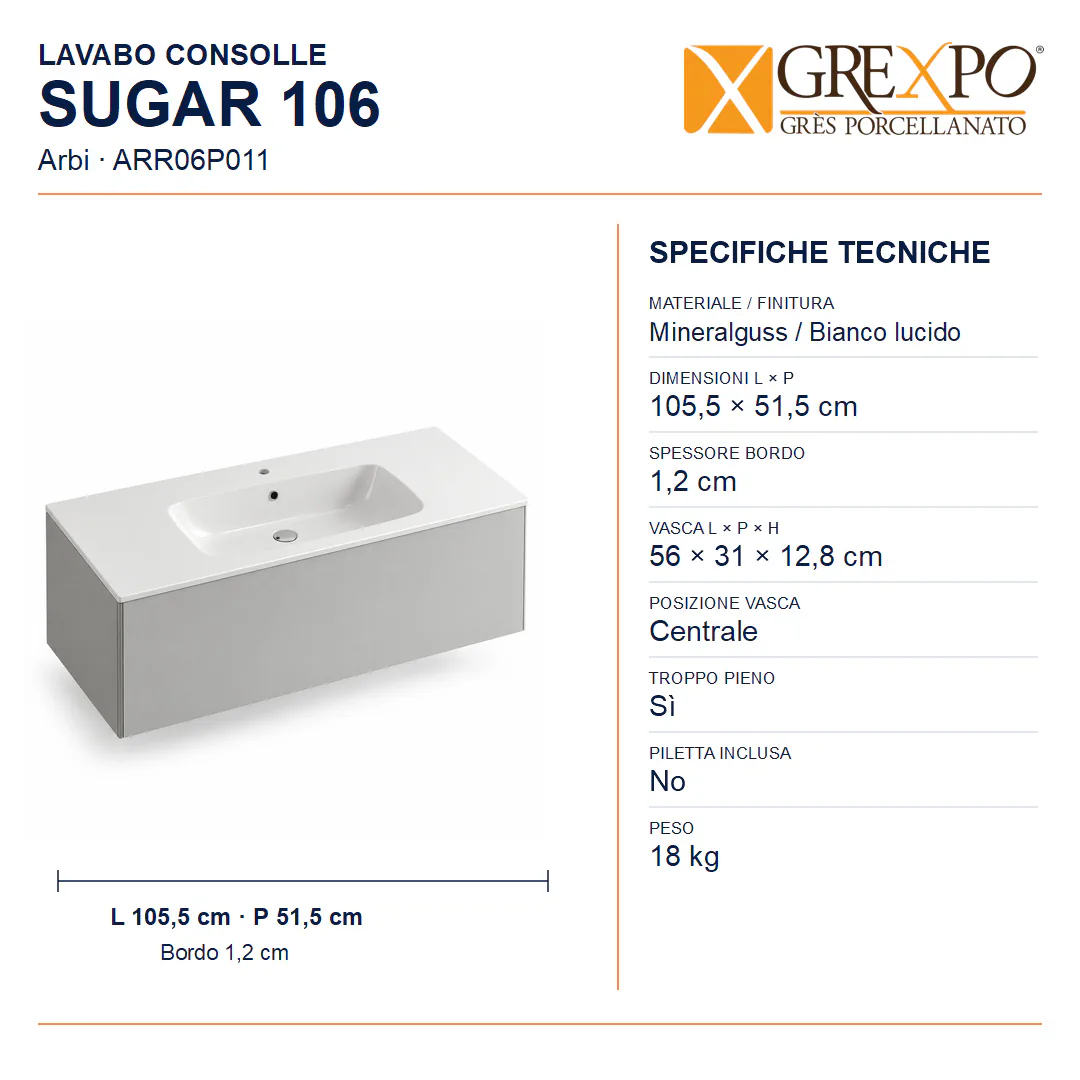 Lavabo consolle in Mineralguss – Arbi Sugar 106 – Bianco lucido - Misure