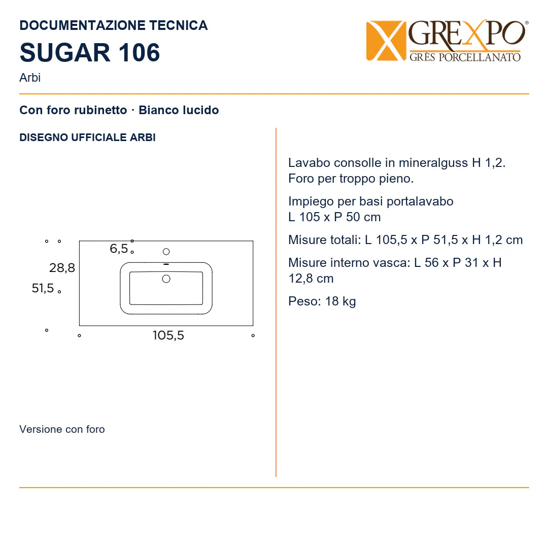 Lavabo consolle in Mineralguss – Arbi Sugar 106 – Bianco lucido - Disegno tecnico ARBI