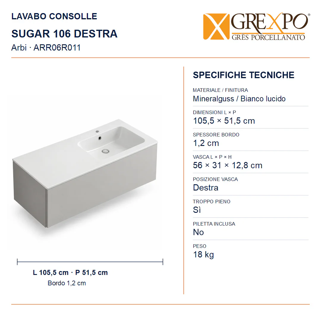 Lavabo consolle in Mineralguss – Arbi Sugar 106 DX – Bianco lucido - Misure
