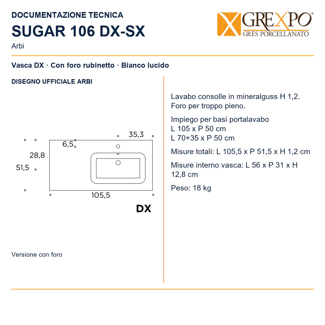 Lavabo consolle in Mineralguss – Arbi Sugar 106 DX – Bianco lucido - Disegno tecnico ARBI