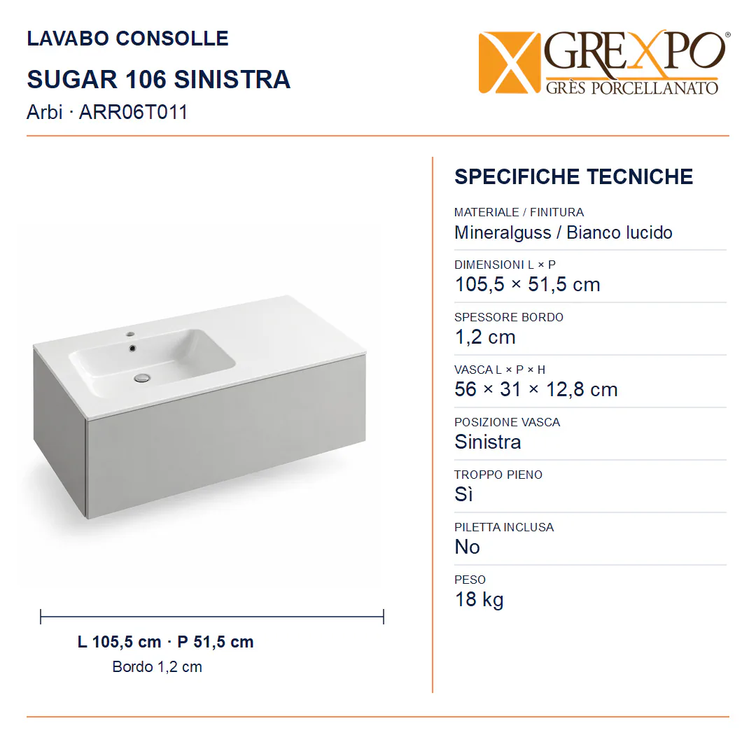 Lavabo consolle in Mineralguss – Arbi Sugar 106 SX – Bianco lucido - Misure