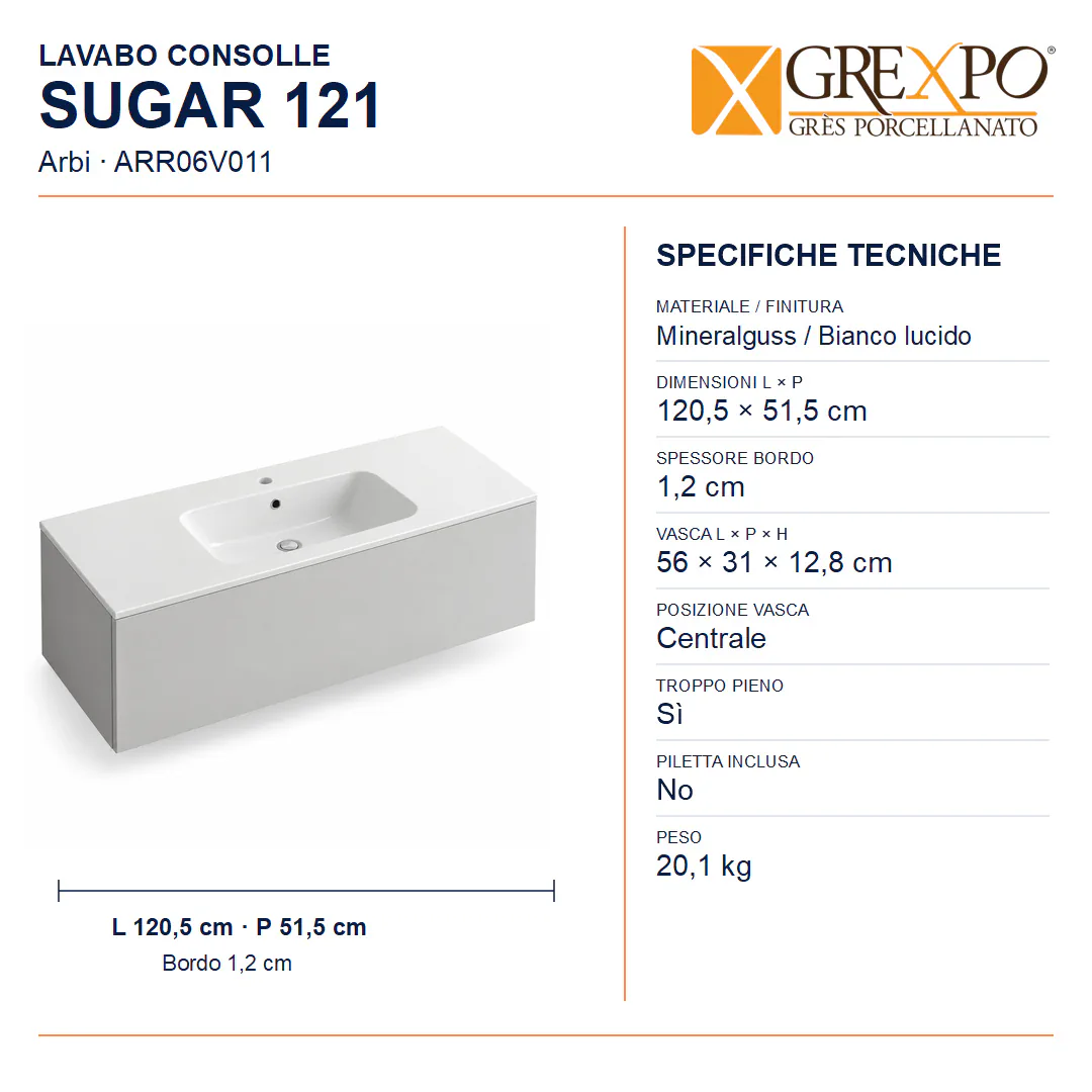 Lavabo consolle in Mineralguss – Arbi Sugar 121 – Bianco lucido - Misure