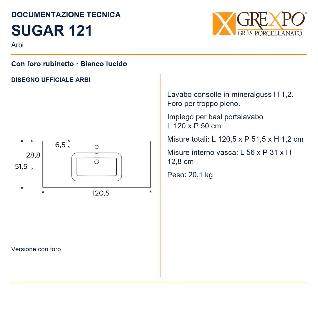 Lavabo consolle in Mineralguss – Arbi Sugar 121 – Bianco lucido - Disegno tecnico ARBI