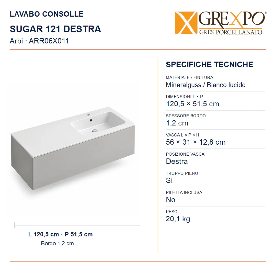 Lavabo consolle in Mineralguss – Arbi Sugar L 121 DX – Bianco lucido - Misure