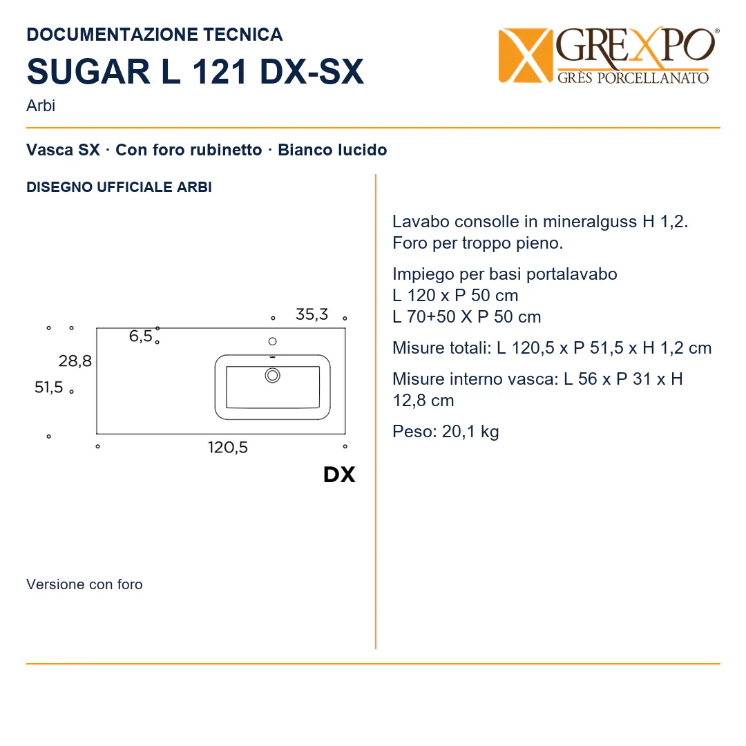 Lavabo consolle in Mineralguss – Arbi Sugar L 121 SX – Bianco lucido - Disegno tecnico ARBI