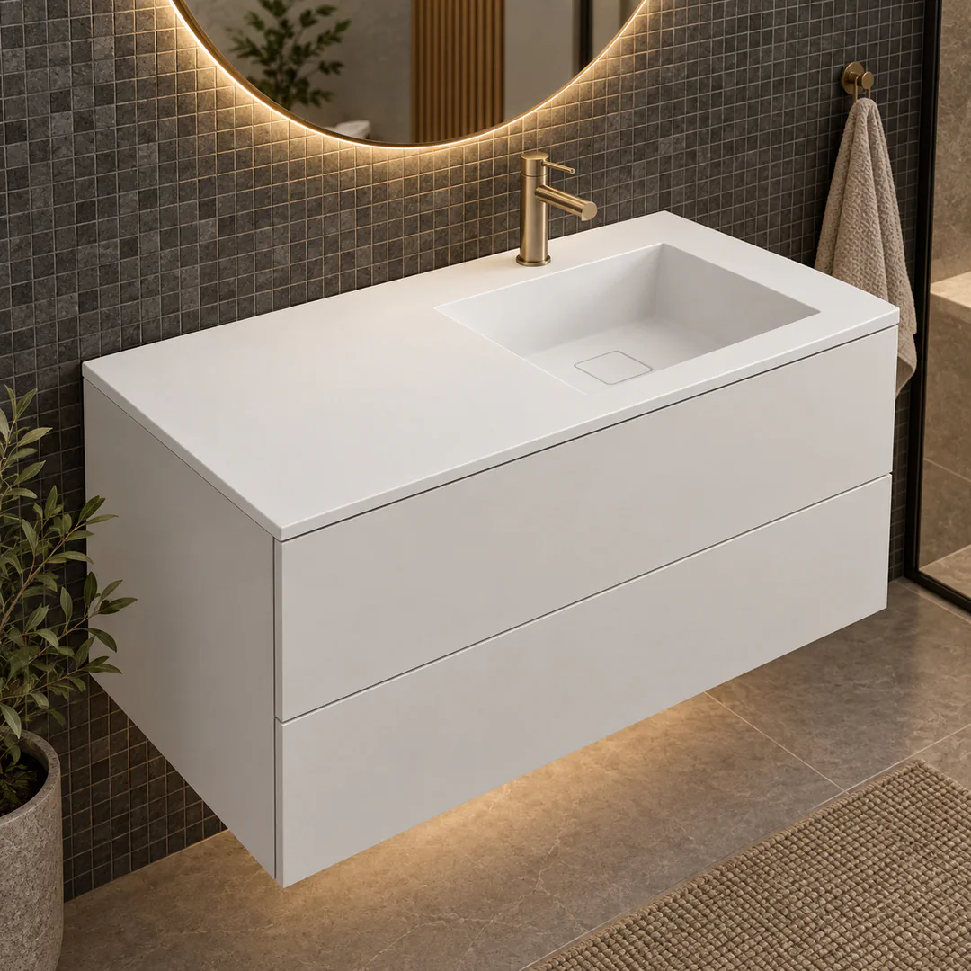 Lavabo consolle in Tekno – Arbi Juno 106 DX – Bianco – Con foro rubinetto - Ambientata