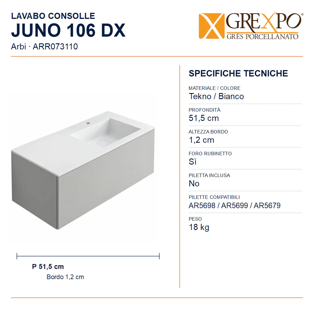 Lavabo consolle in Tekno – Arbi Juno 106 DX – Bianco – Con foro rubinetto - Misure