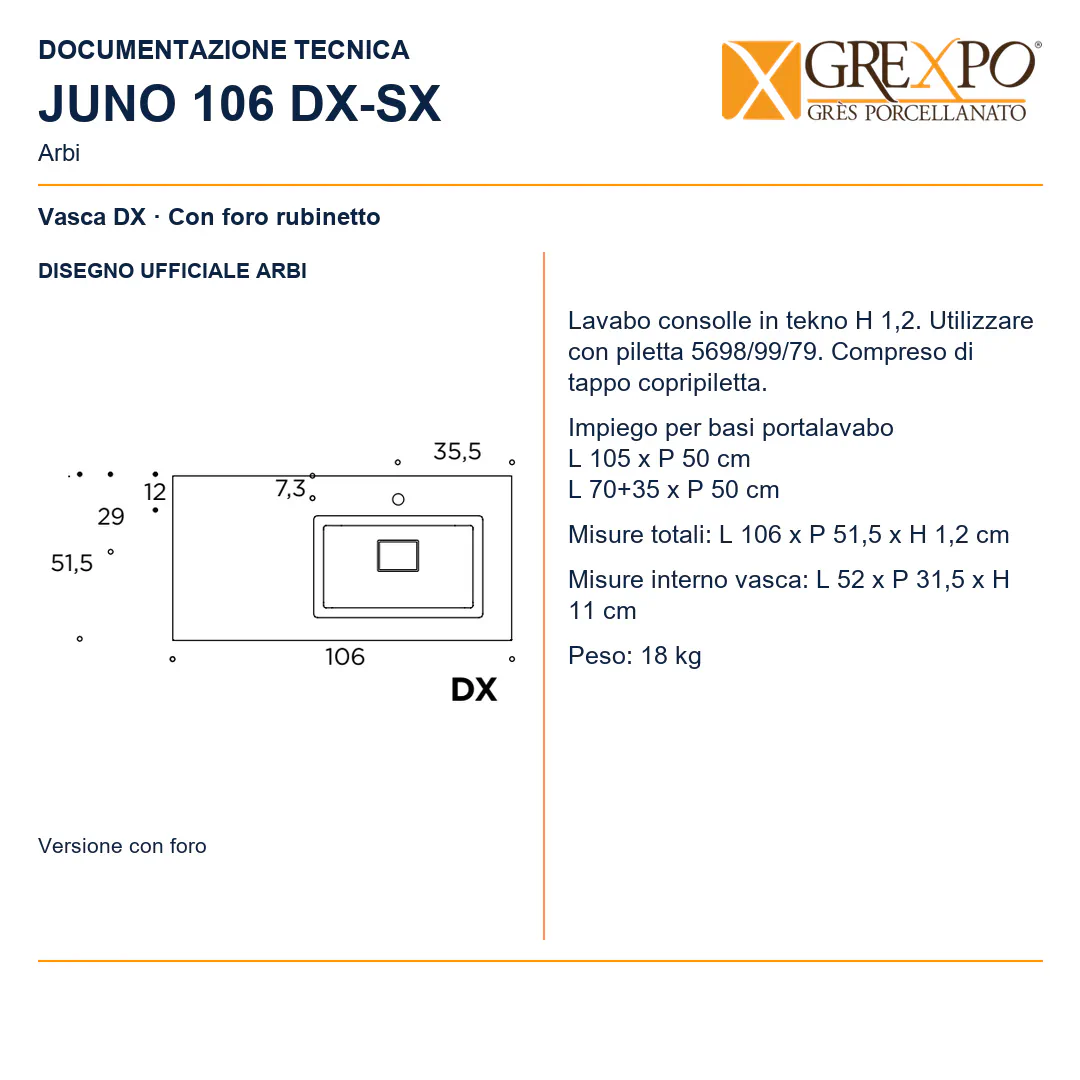 Lavabo consolle in Tekno – Arbi Juno 106 DX – Bianco – Con foro rubinetto - Disegno tecnico ARBI