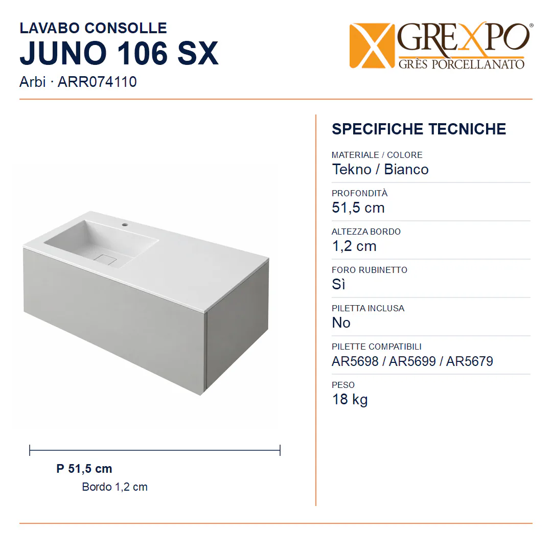Lavabo consolle in Tekno – Arbi Juno 106 DX/SX – Bianco - Misure