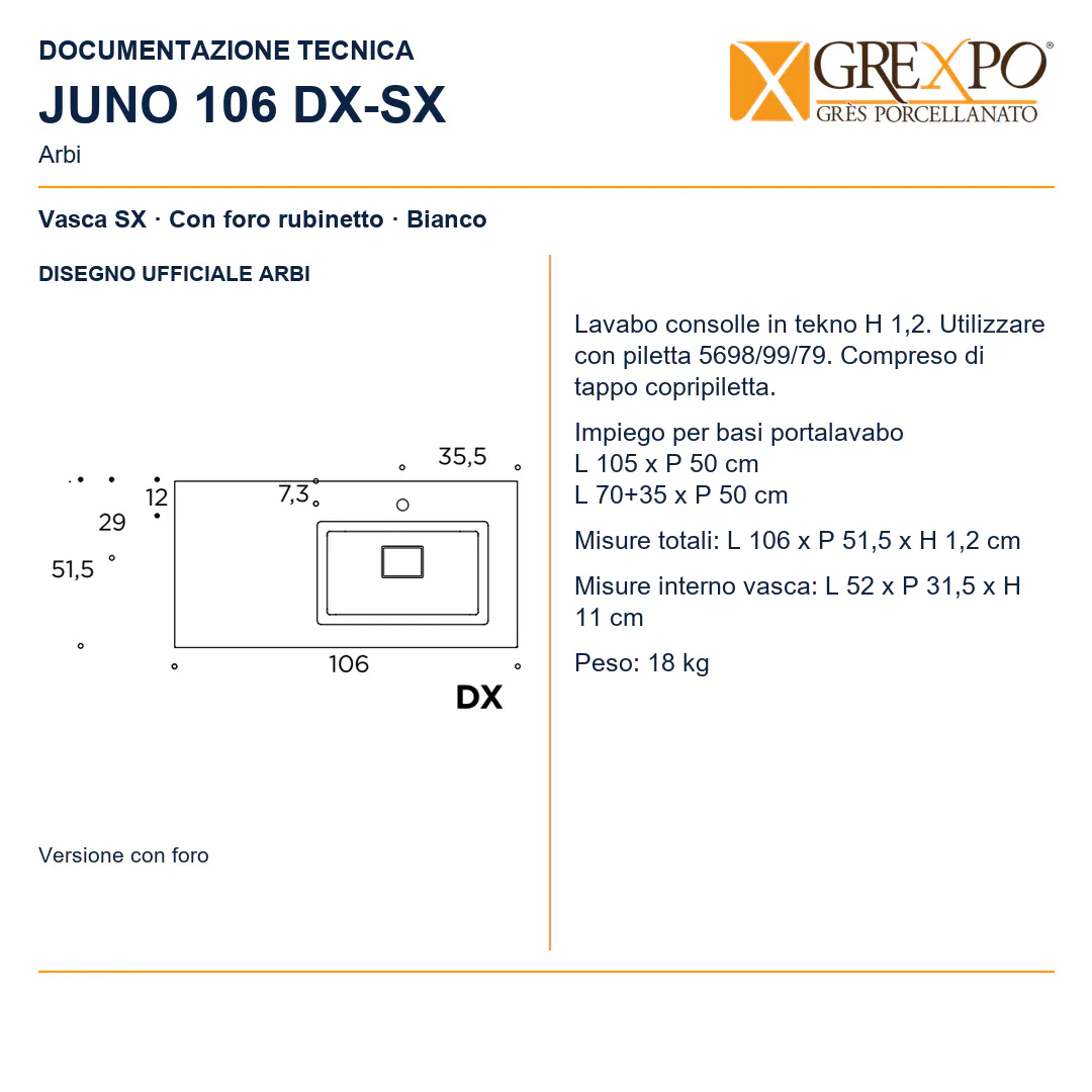 Lavabo consolle in Tekno – Arbi Juno 106 DX/SX – Bianco - Disegno tecnico ARBI