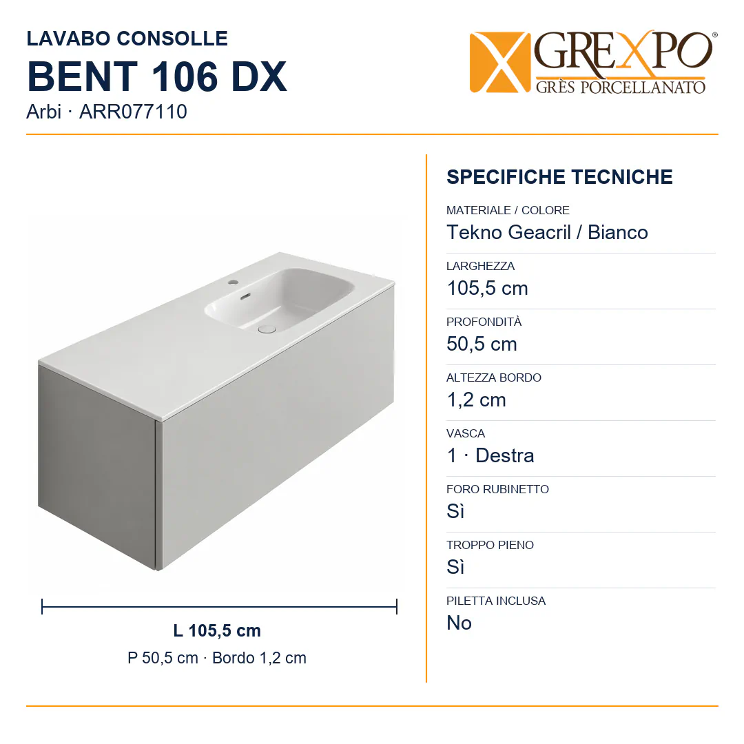 Lavabo consolle in Tekno – Arbi Bent 106 DX – Bianco - Misure