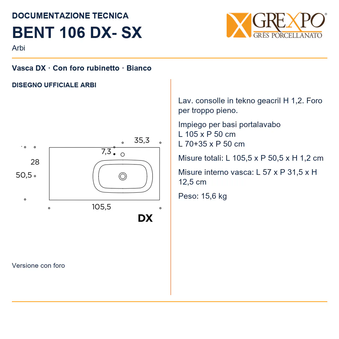 Lavabo consolle in Tekno – Arbi Bent 106 DX – Bianco - Disegno tecnico ARBI
