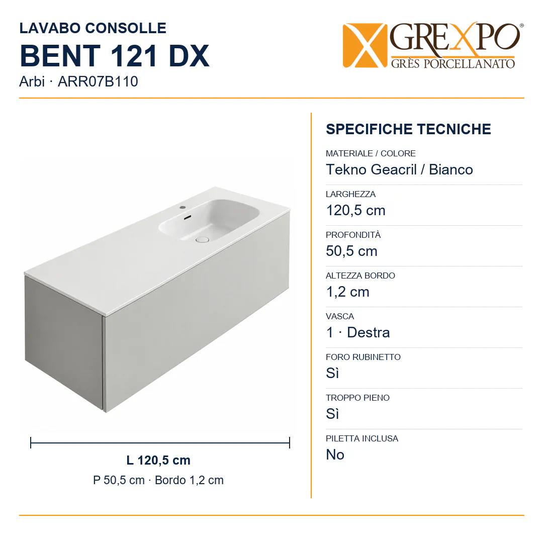 Lavabo consolle in Tekno – Arbi Bent 121 DX – Bianco – Con foro rubinetto - Misure