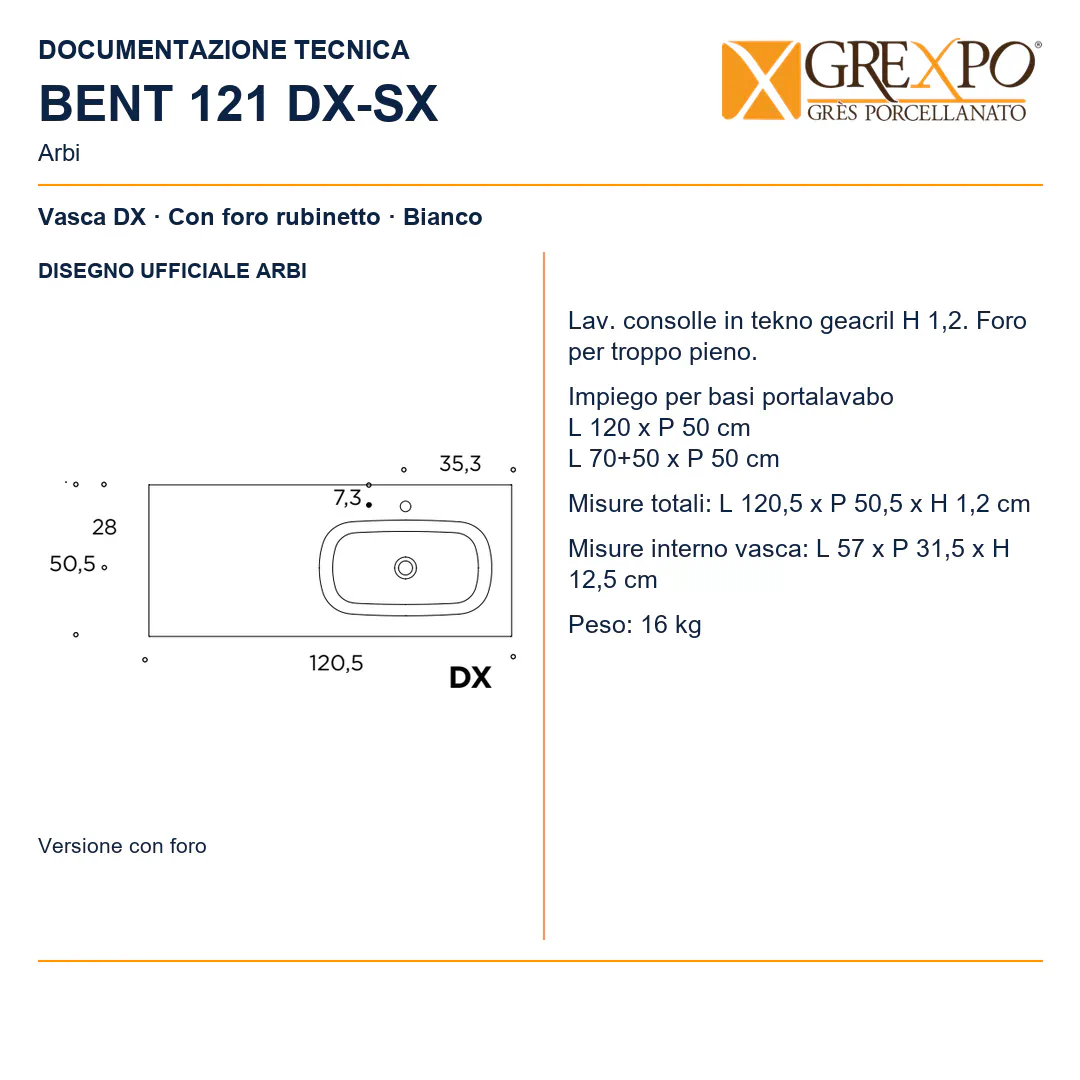 Lavabo consolle in Tekno – Arbi Bent 121 DX – Bianco – Con foro rubinetto - Disegno tecnico ARBI