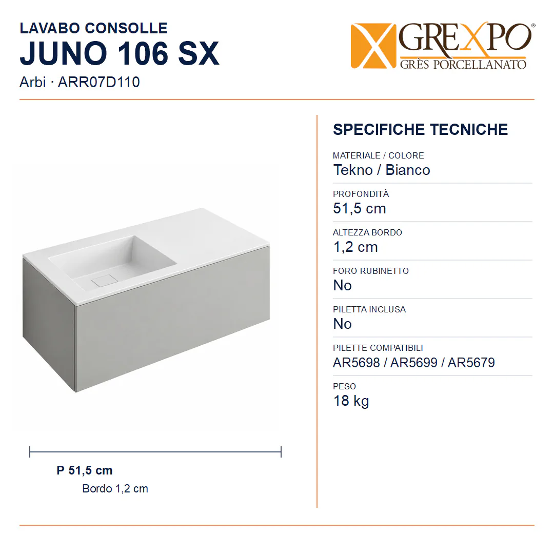 Lavabo consolle in Tekno – Arbi Juno 106 SX – Bianco - Misure