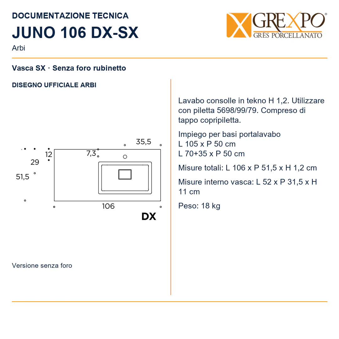 Lavabo consolle in Tekno – Arbi Juno 106 SX – Bianco - Disegno tecnico ARBI