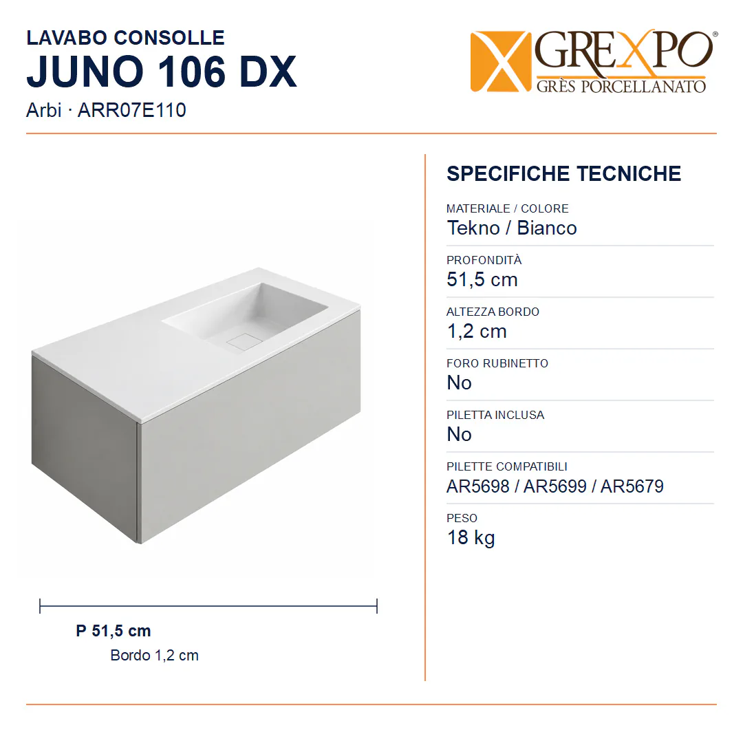 Lavabo consolle in Tekno – Arbi Juno 106 DX – Bianco - Misure