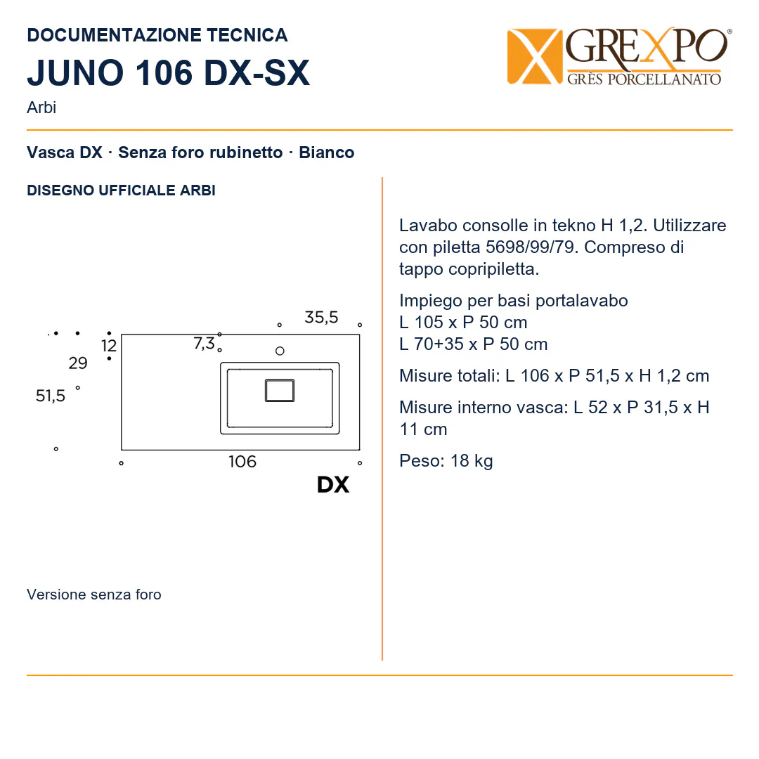 Lavabo consolle in Tekno – Arbi Juno 106 DX – Bianco - Disegno tecnico ARBI