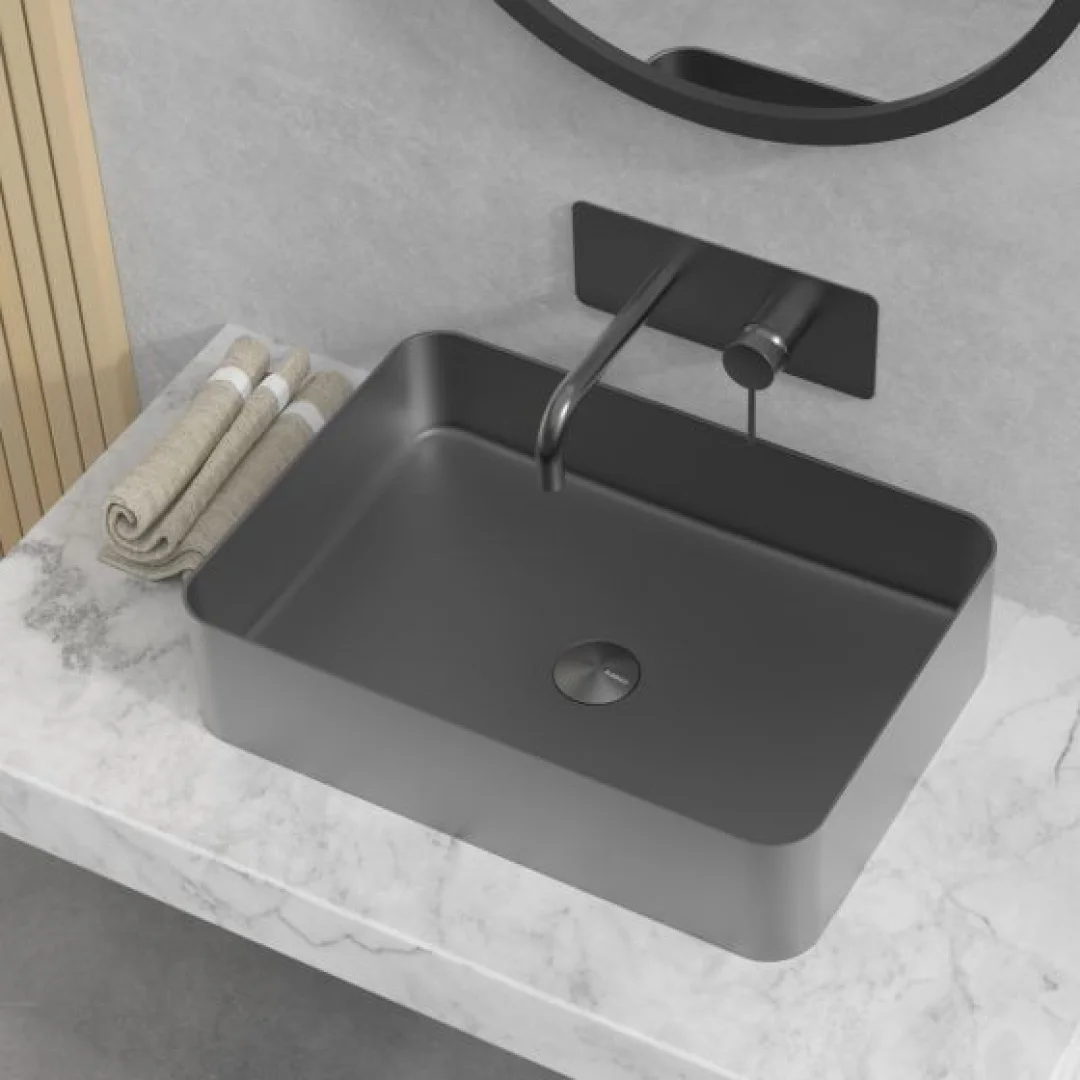 Karag Lavabo da appoggio rettangolare acciaio inox 50x35 cm gun metal con valvola inclusa