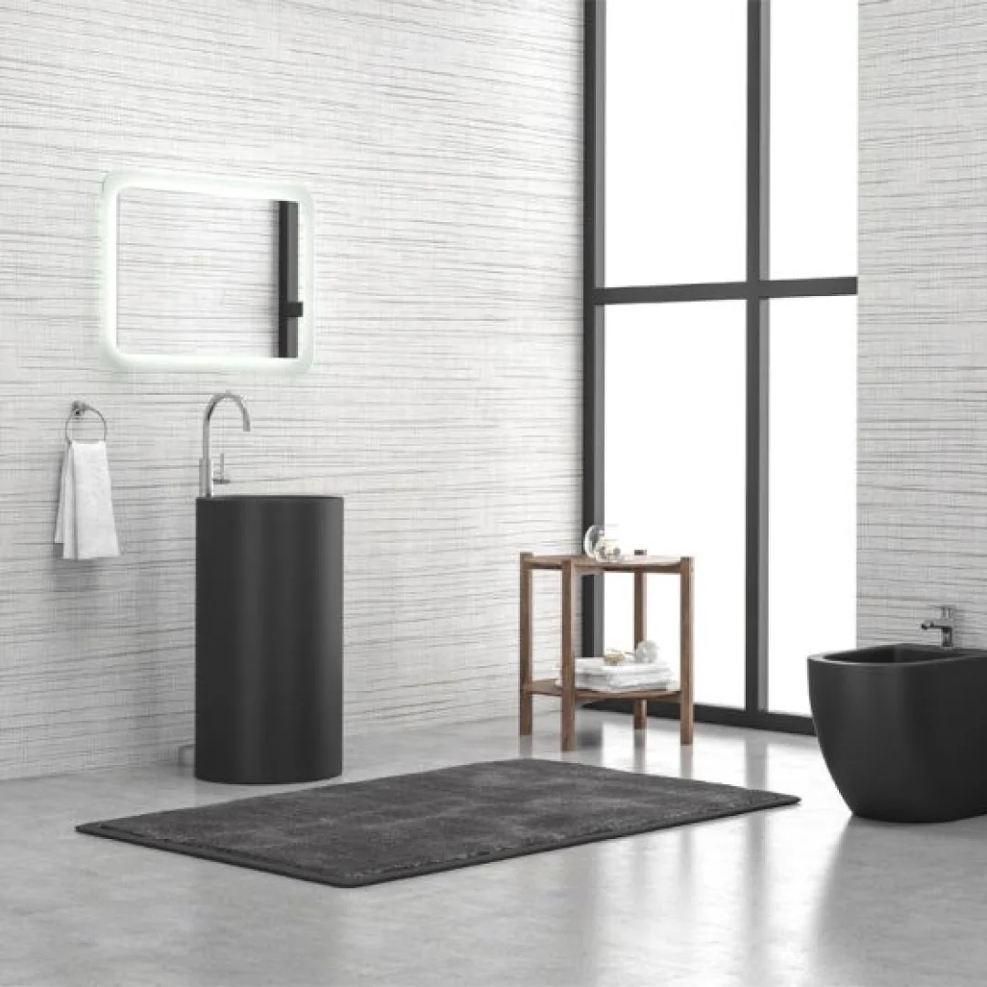 Karag Lavabo freestanding rotondo Milos solid surface Ø45x90 cm nero opaco