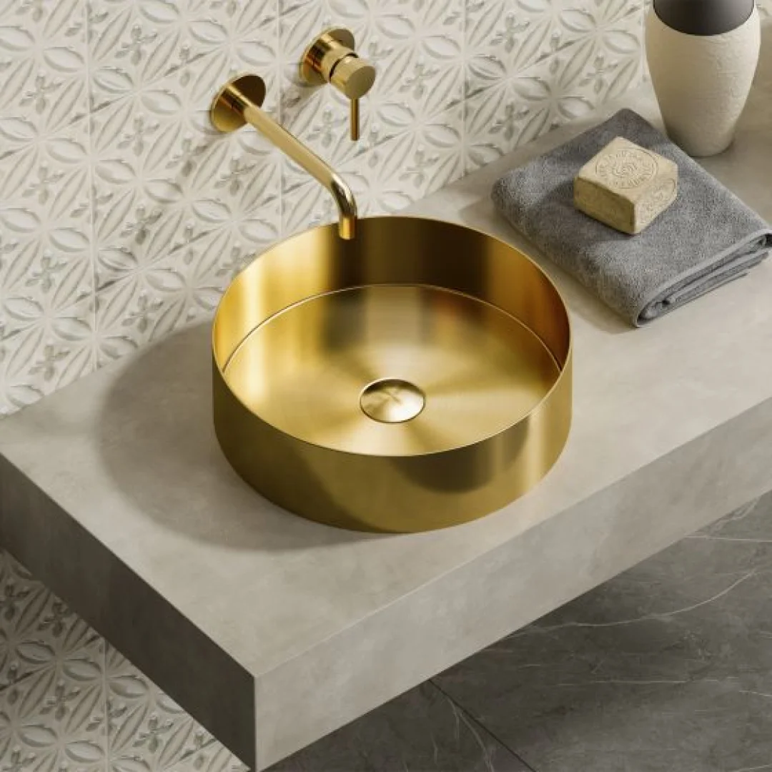 Karag Lavabo da appoggio rotondo Venus acciaio inox 38x38 cm oro con valvola inclusa