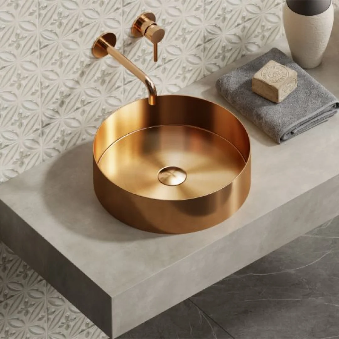 Karag Lavabo da appoggio rotondo Venus acciaio inox 38x38 cm rose gold con valvola inclusa