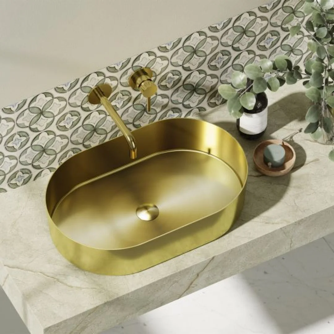 Karag Lavabo da appoggio ovale Jupiter acciaio inox 55x35 cm oro con valvola inclusa