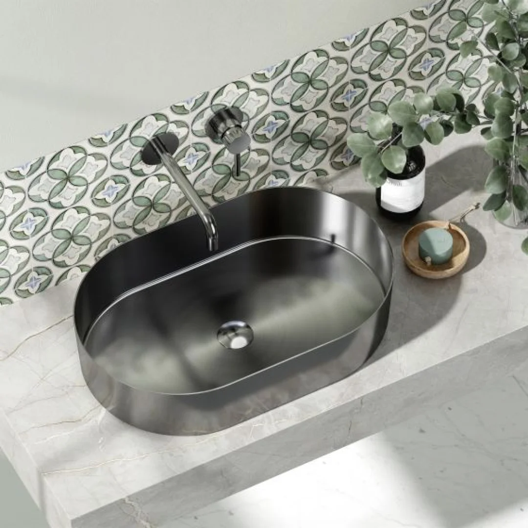 Karag Lavabo da appoggio ovale Jupiter acciaio inox 55x35 cm gun metal con valvola inclusa