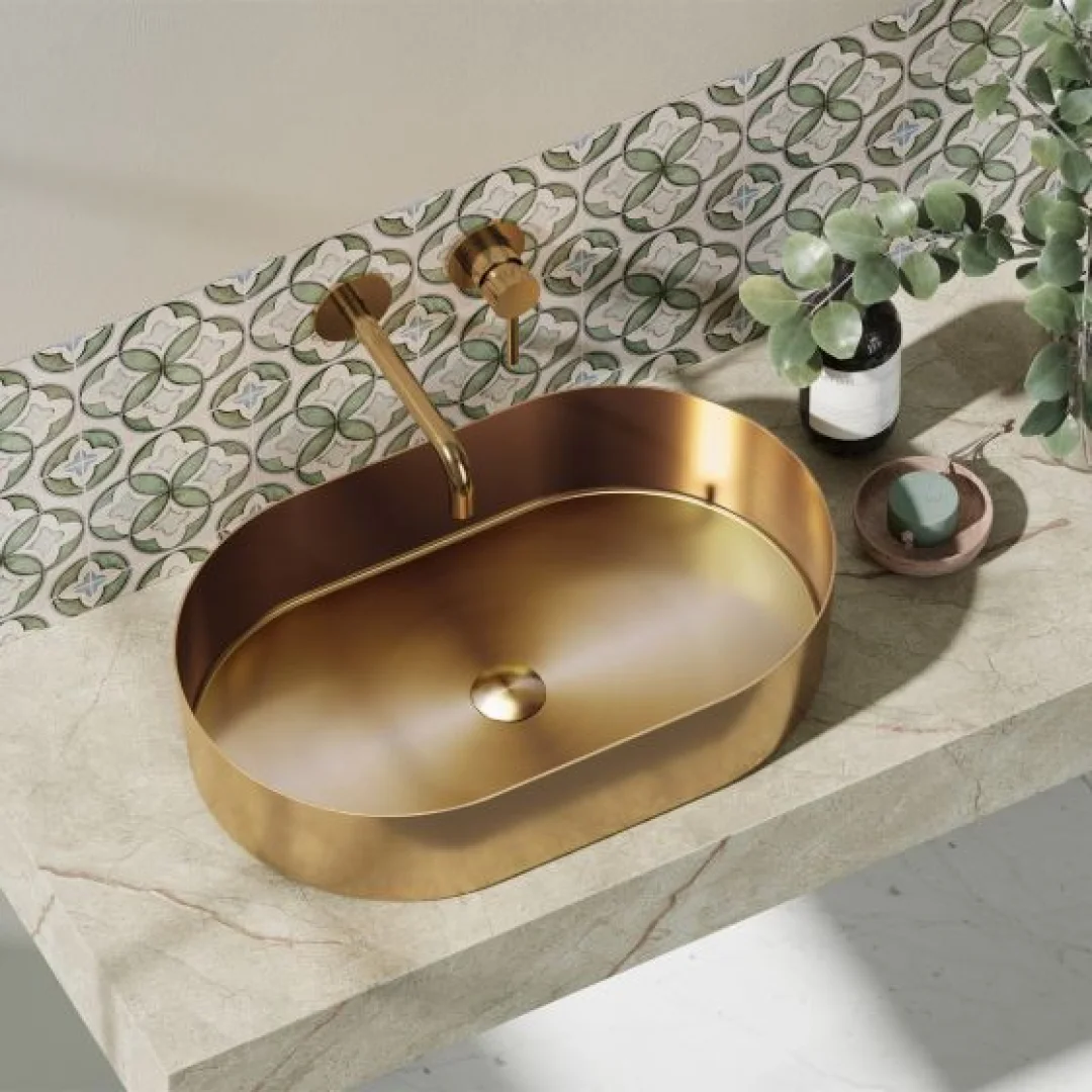 Karag Lavabo da appoggio ovale Jupiter acciaio inox 55x35 cm rose gold con valvola inclusa
