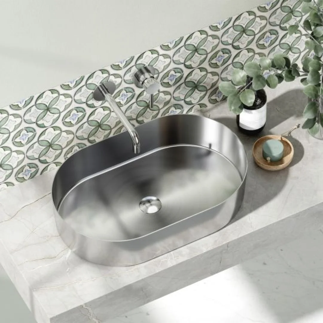 Karag Lavabo da appoggio ovale Jupiter acciaio inox 55x35 cm brushed steel con valvola inclusa