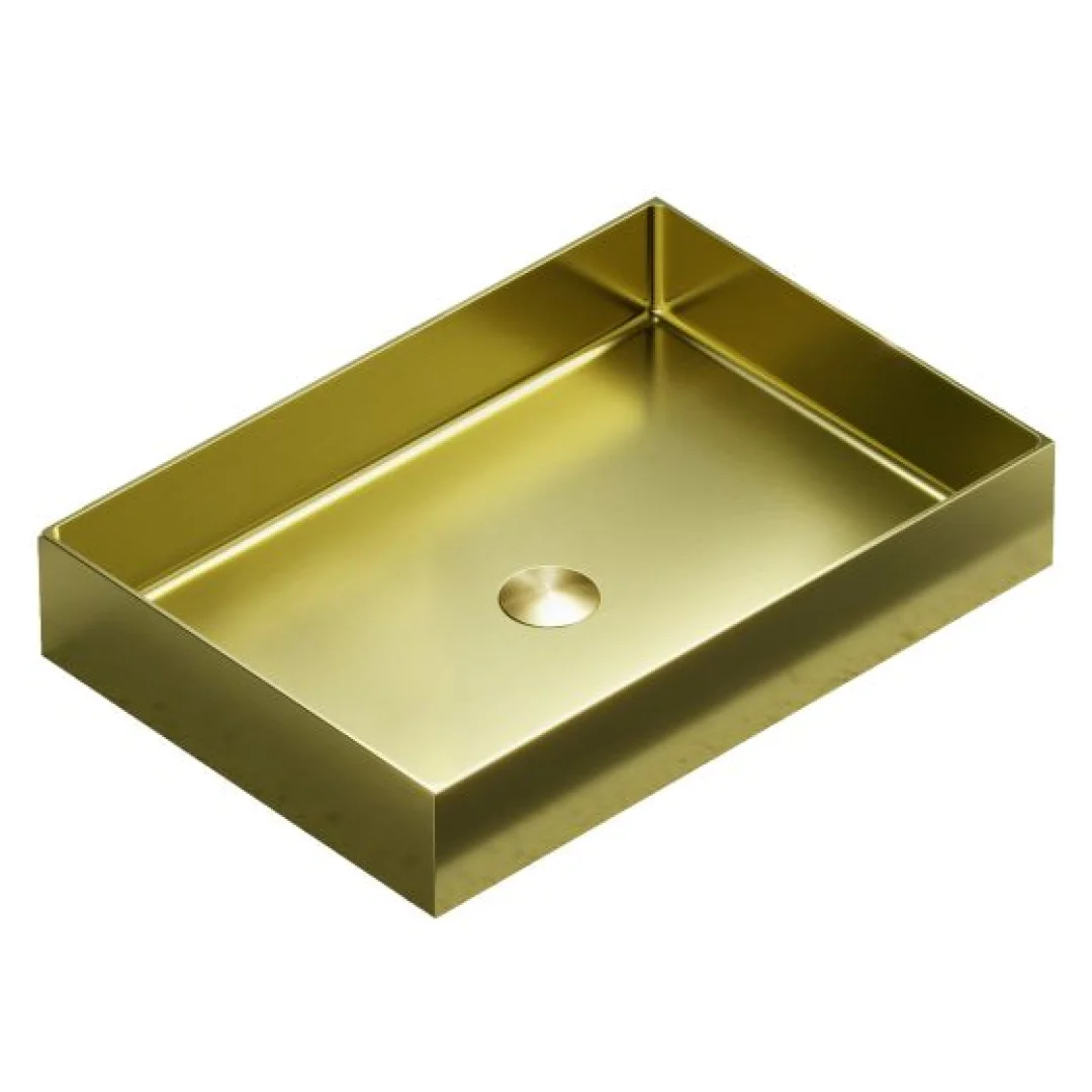 Karag Lavabo da appoggio rettangolare Saturn acciaio inox 55x38 cm oro con valvola inclusa