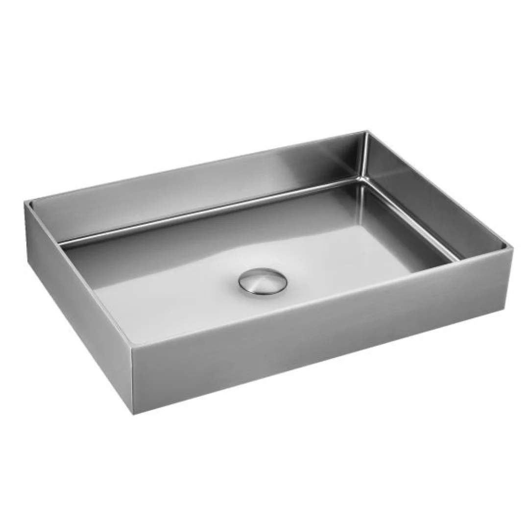 Karag Lavabo da appoggio rettangolare Saturn acciaio inox 55x38 cm brushed steel con valvola inclusa