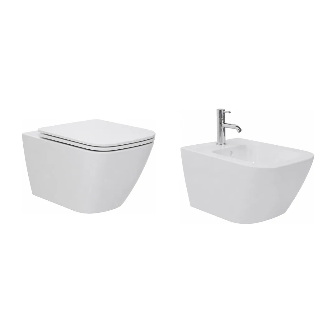 Karag Coppia sanitari sospesi New Legend bianco lucido Rimless con vaso WC, bidet e coprivaso