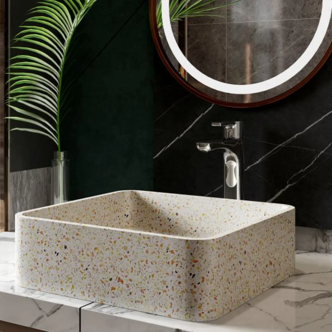 Karag Lavabo da appoggio quadrato Ira terrazzo 39x39 cm fruitcake con valvola inclusa