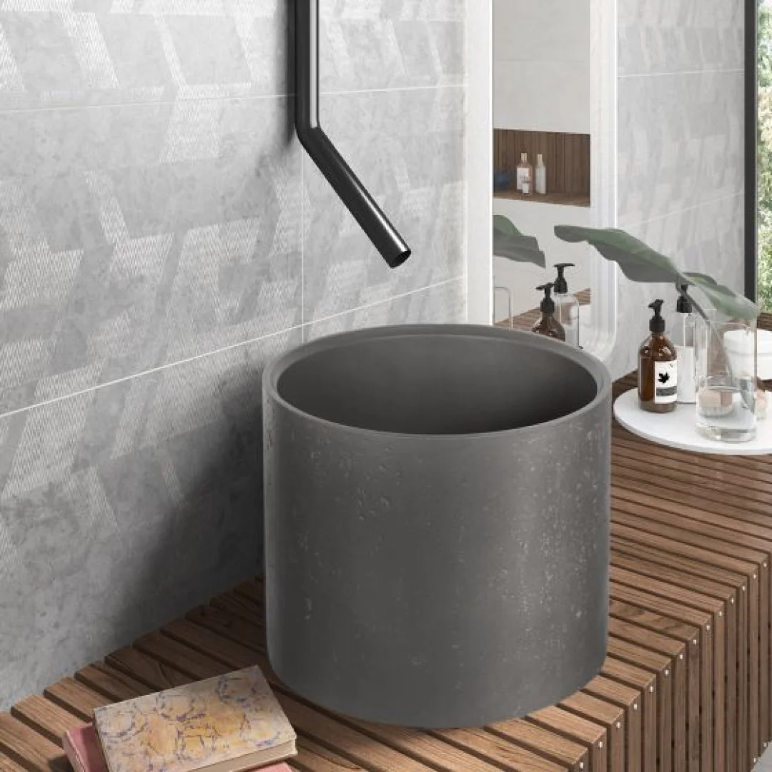 Karag Lavabo da appoggio rotondo Cleon terrazzo Ø39x30 cm cement con valvola inclusa