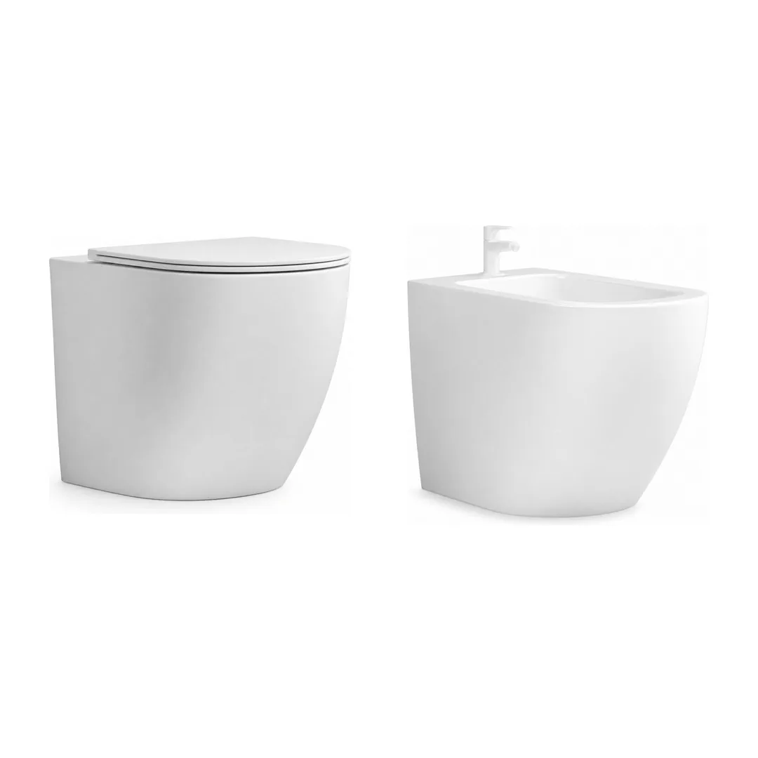 Karag Coppia sanitari filo muro Milos bianco lucido Rimless con vaso WC, bidet e coprivaso