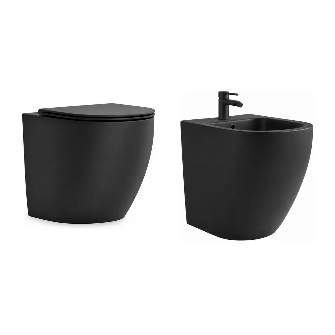 Karag Coppia sanitari filo muro Milos nero opaco Rimless con vaso WC, bidet e coprivaso