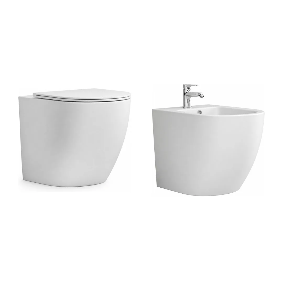 Karag Coppia sanitari filo muro Milos bianco opaco Rimless con vaso WC, bidet e coprivaso