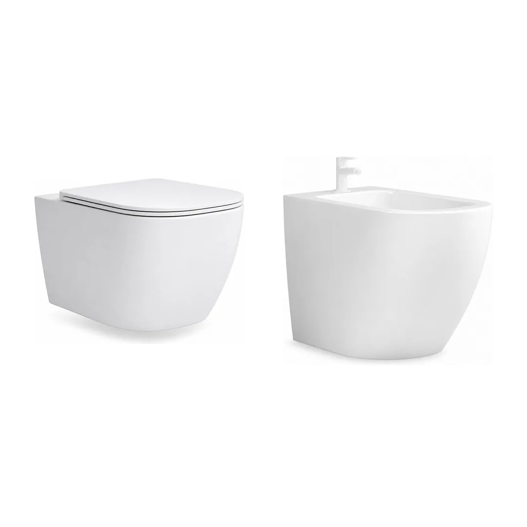 Karag Coppia sanitari sospesi Milos bianco lucido Rimless con vaso WC, bidet e coprivaso