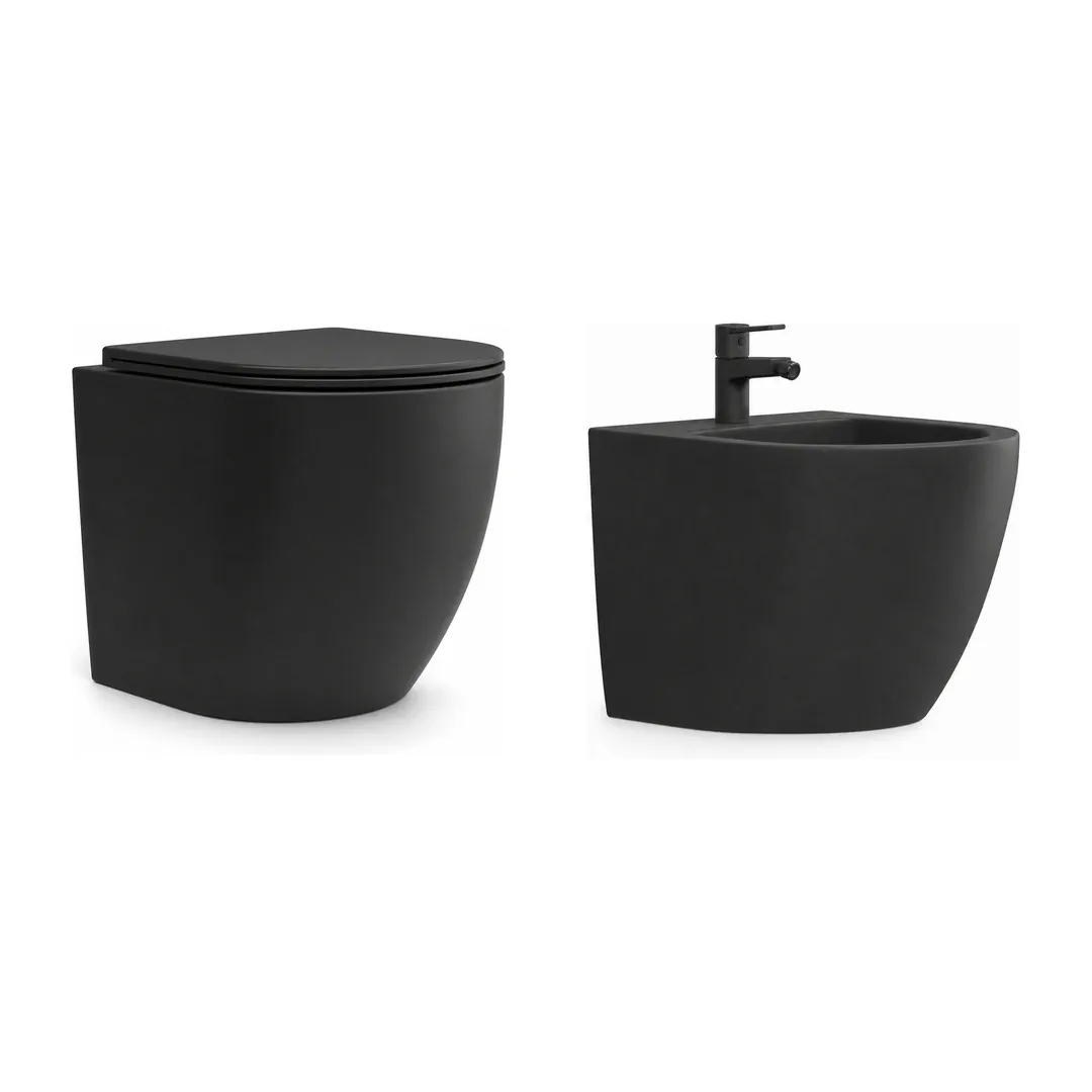 Karag Coppia sanitari sospesi Milos nero opaco Rimless con vaso WC, bidet e coprivaso