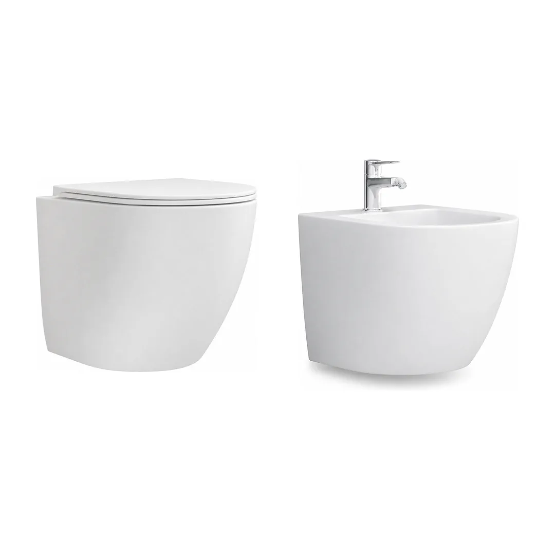 Karag Coppia sanitari sospesi Milos bianco opaco Rimless con vaso WC, bidet e coprivaso