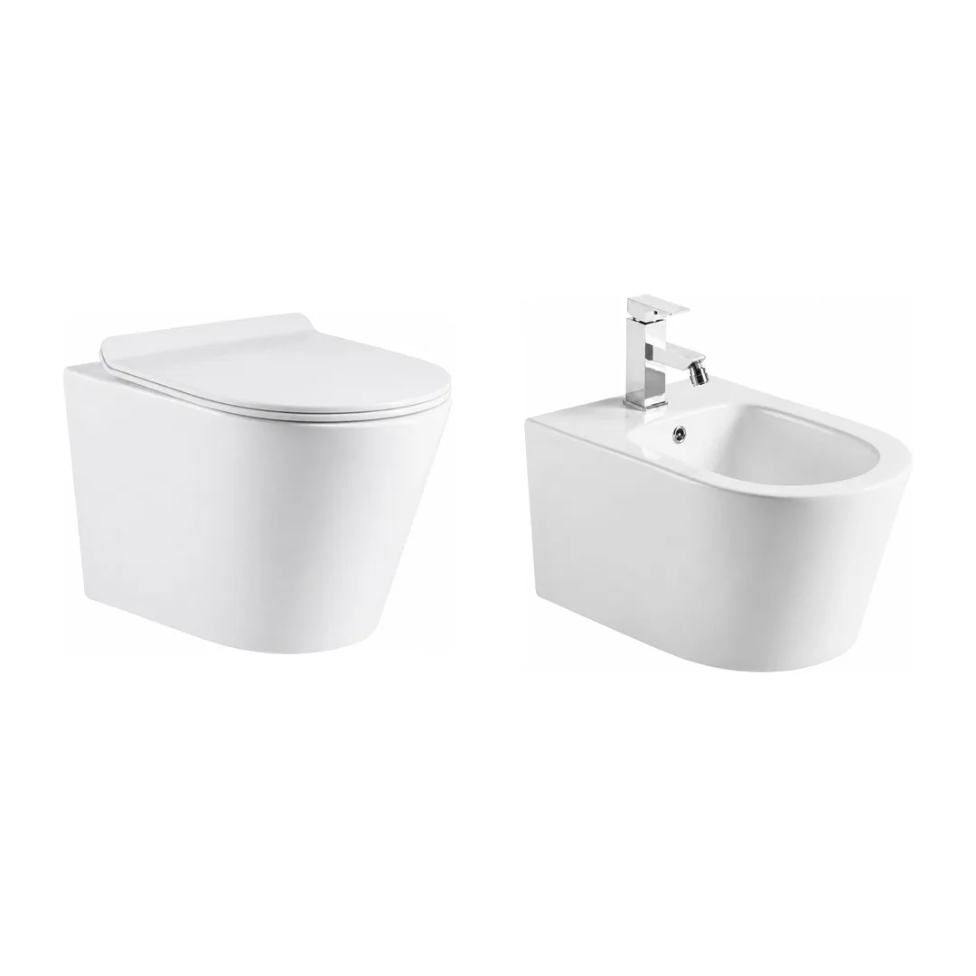 Karag Coppia sanitari sospesi Zina bianco lucido Rimless con vaso WC, bidet e coprivaso