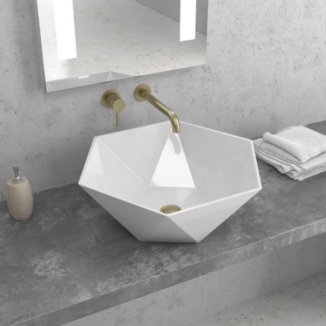 Karag Lavabo da appoggio geometrico ceramica 45x45 cm bianco lucido