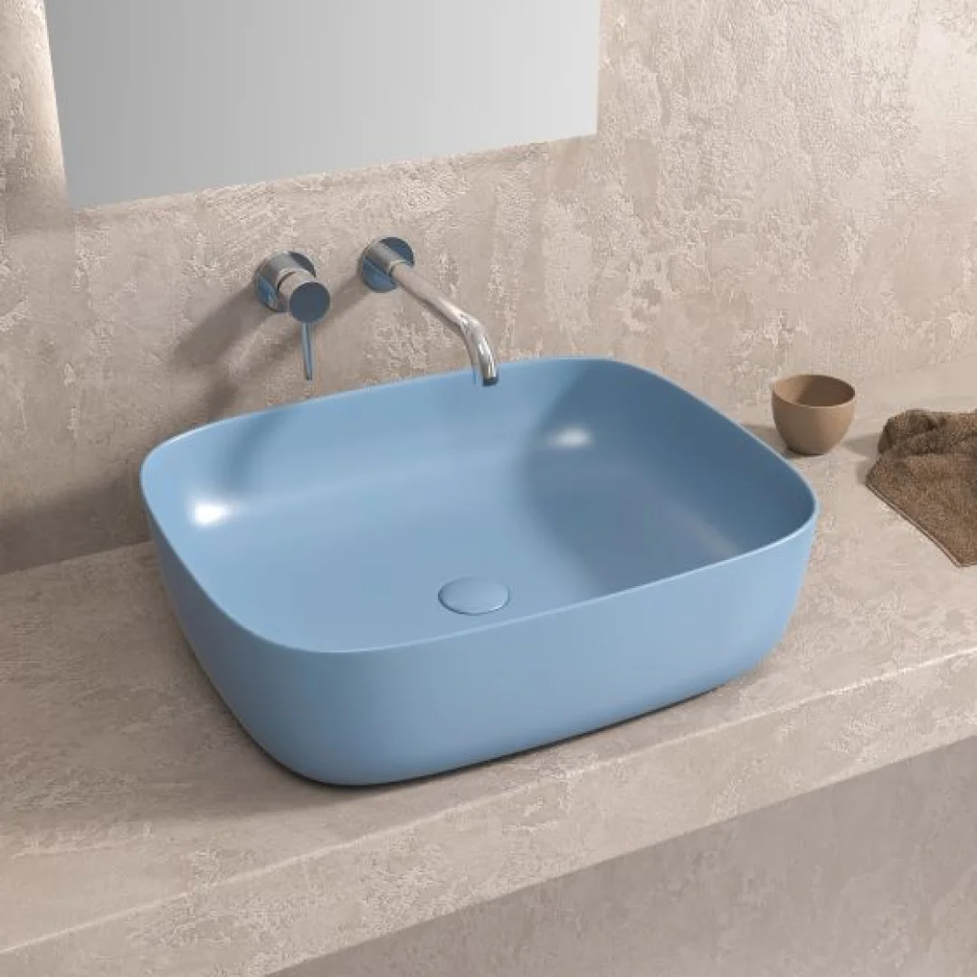 Karag Lavabo da appoggio rettangolare ceramica 49x39.5 cm azzurro opaco con valvola inclusa