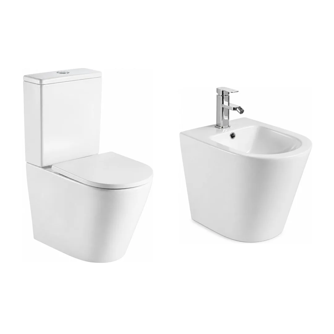 Karag Coppia sanitari filo muro Zina bianco lucido Rimless con vaso WC, bidet e coprivaso