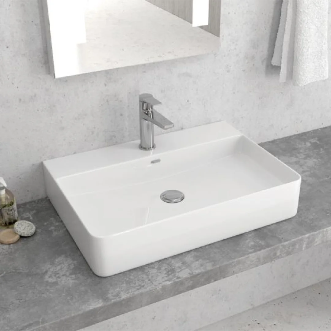 Karag Lavabo da appoggio rettangolare ceramica 60x42 cm bianco lucido